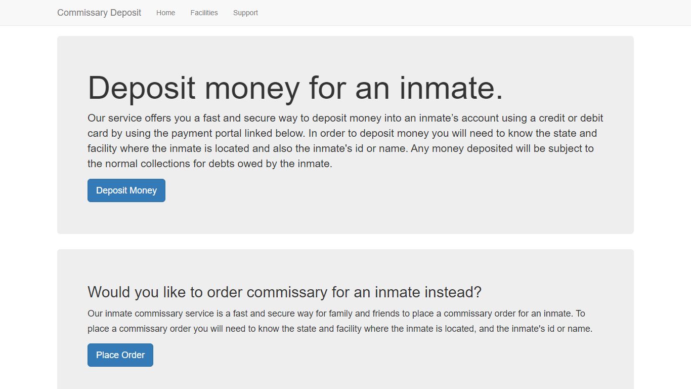 Commissary Deposit - Deposit money for an inmate.